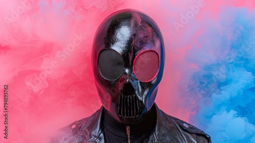  A man in a black leather jacket wears a black mask, emitting red and blue smoke from his mouth