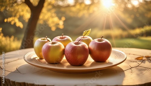 Natural Beauty: Five Apples Resting on a Light Brown Platter"apple, fruit, food, red, healthy, apples, isolated, fresh, white, ripe, 