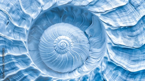  A tight shot of a giant seashell at the center of a vast, blue artwork, characterized by a spiral motif