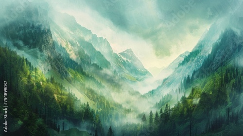 Mysterious green mountains, misty peaks in the distance