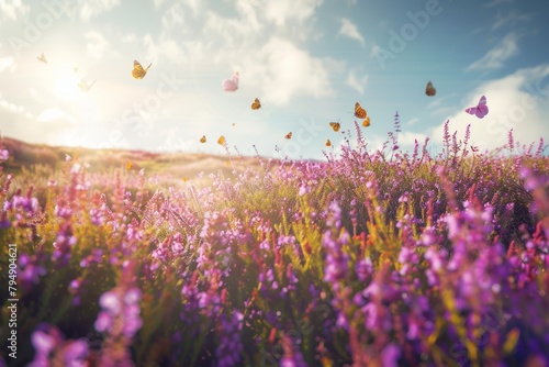 A wideangle view of a sprawling field filled with vibrant purple heather flowers and delicate butterflies fluttering around under the bright summer sun