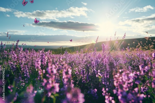 A vast field covered in violet heather flowers with butterflies fluttering under a clear blue sky on a sunny day
