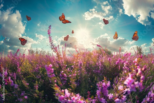 A vast field of purple flowers under a clear blue sky, with butterflies fluttering around under the bright summer sun