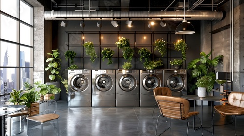 Stylish Modern Laundromat with Industrial Decor and Green Plants. A Cozy Urban Laundry Space with Comfortable Seating. Chic Washing Area for City Dwellers. AI