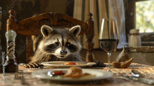 Raccoon sitting at a dining table with a plate of food, looking posh.