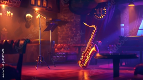 A golden saxophone gleams under the spotlight, its sultry tones weaving through the smoky jazz club, serenading patrons with soulful melodies a classic music cartoon concept