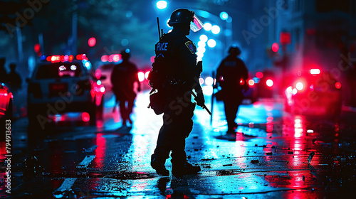 dynamic photo of policemen patrolling crime scene area at night, investigation case