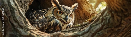 A wise owl with a monocle, teaching young hatchlings about compound interest and savings, in a cozy tree hollow turned classroom