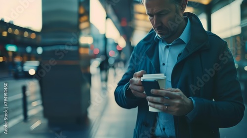 Amidst the morning rush, a businessman grabs a quick coffee while optimizing performance analytics on his smartphone, business concept