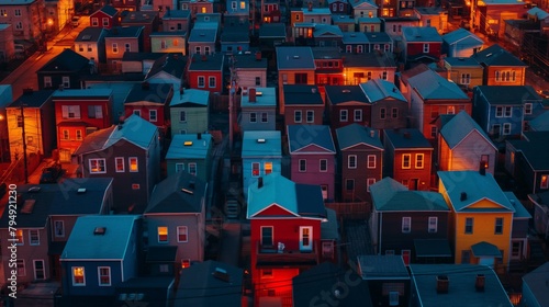 Birds eye view of color houses in residential area at night North Europe houses