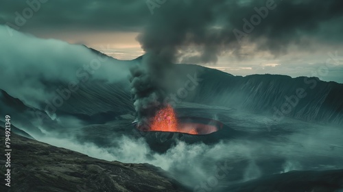 Volcano eruption on top of mountain, expulsion of gases, rock fragments, movement of magma