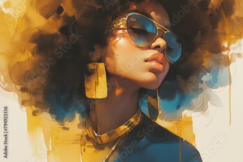 A beautiful black woman with a big afro, yellow earrings and gold necklaces is depicted in a bright colorful watercolor painting.