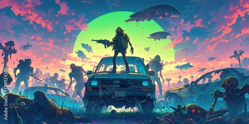 a black light poster of an alien zombie standing in front of his station wagon with other aliens around him, colorful, neon colors, space ships and ufo's flying 