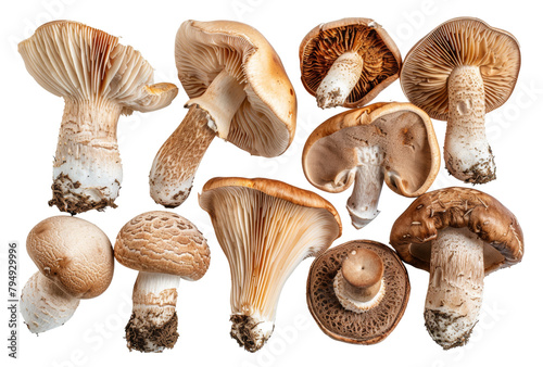 Variety of wild mushrooms isolated on transparent background
