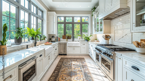 A large kitchen with white cabinets and a marble countertop. The kitchen is well lit and has a modern feel