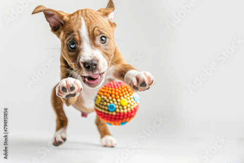 A playful puppy pouncing on a toy