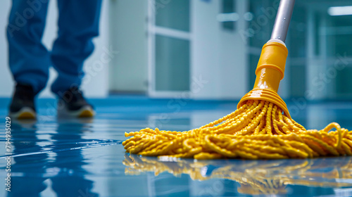 Detail of cleaning with mop and bucket, emphasizing hygiene and housework
