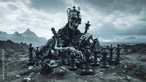 Skeletal Chess King Commanding Obsidian Pawns in a Desolate Wasteland Generative ai