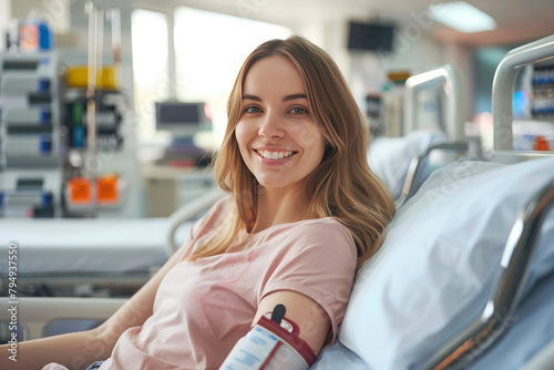 Portrait of a young woman smiling at the camera, lying on a medical couch and donating blood in a hospital
