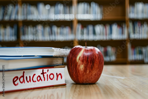 Education study books with text learning building knowledge at high school or university with healthy apple, with writing " education " 