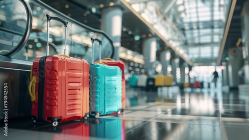 Colorful luggage waiting in airport terminal - Row of bright red and blue suitcases aligned in the airport terminal awaiting owners
