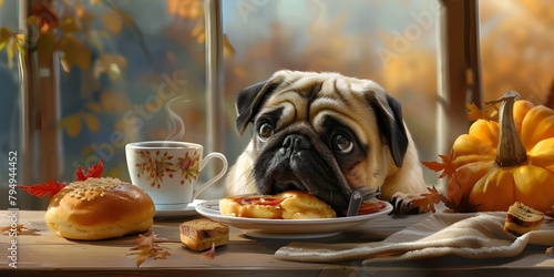 A cute pug excitedly reaches for pastries on a table,.Excited Pug and Delicious Treats. Pug's Sweet Temptation Pastries Galore