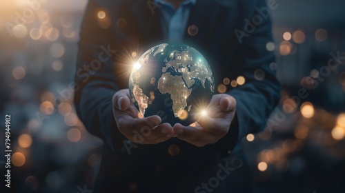 Businessman holding a virtual globe with a franchise business emblem for expansion, franchise marketing system in the global business network, brand development, and contemporary technology