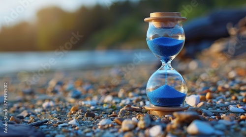 Blue Sand Hourglass on Pebble Beach at Sunset