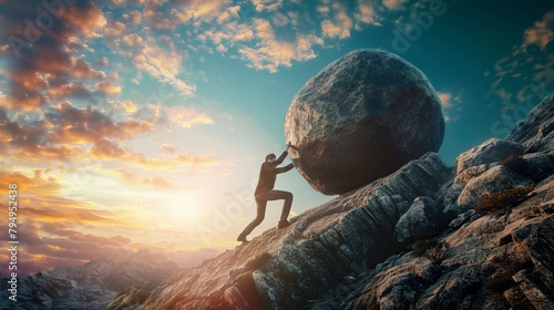 Conceptual image of a person pushing a large boulder