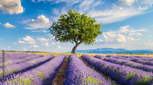 Lavender field with tree and the blue sky
