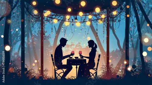 Illustration of a boyfriend proposing with a romantic dinner