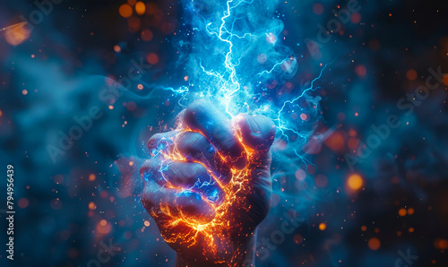 Powerful Lightning Bolt Energy Icon with Male Hand Raised Against Stormy Sky Background - Zeus, Thor Symbolism