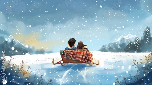 Illustration of a couple snuggling under a blanket on a snowy winter sleigh ride