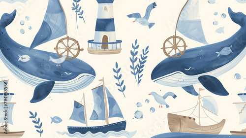 Whimsical Nautical Watercolor Pattern with Whales, Ships, and Lighthouse