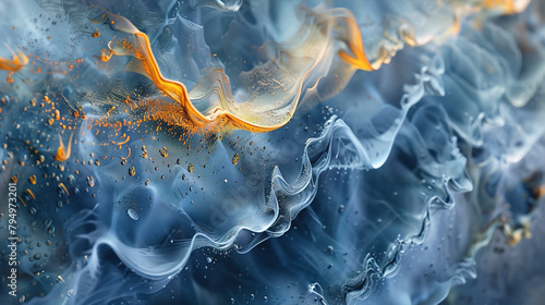 abstract of golden and blue waves interacting, blue tones, smooth, wavy texture, watery substance, fluid, droplets, dynamic nature and natural dance