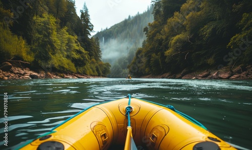 A tranquil scene of a river with an inflatable boat. The boat is yellow and has a green stripe running along its side, indicating it's ready for adventure on the water.