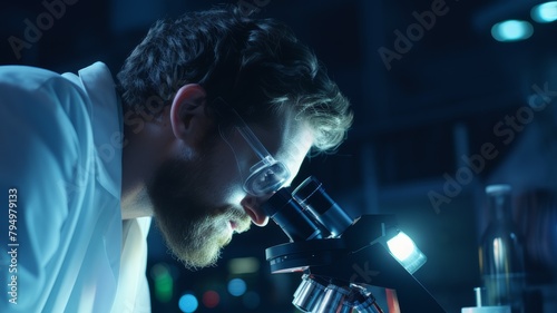 A scientist meticulously examines a blood sample under a microscope, their face illuminated by the soft glow of the eyepiece.