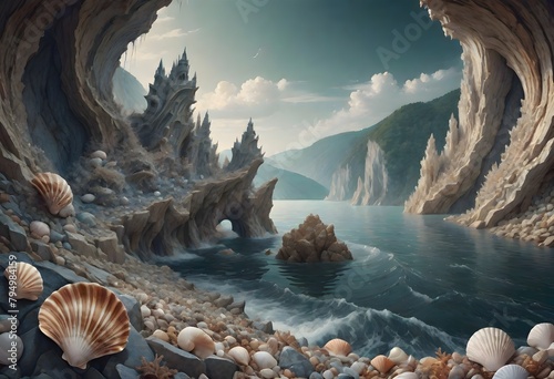 Serene beauty of seashells adorn a pebbled shore, flanked by towering, intricate cliffs and dynamic waves, creating a natural tranquility under a subdued sky, Generative AI.