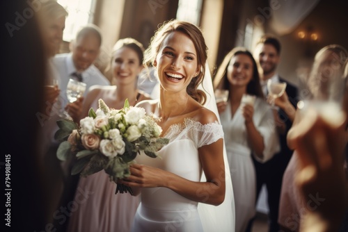 Blissful bride with bouquet, celebrating wedding day.