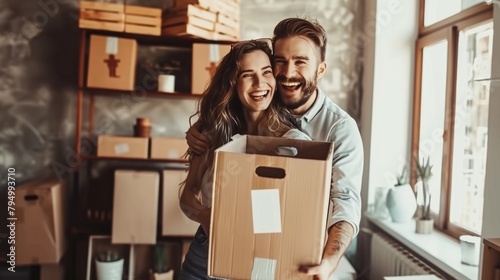 Young couple is having fun with cardboard boxes in new house at moving day.