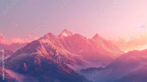 Mountains in the pink sunlight at sunset. --