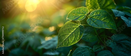 Close-up of yardlong bean plant leaves illuminated by morning sunlight. Concept Plant Photography, Morning Sunlight, Close-Up Shots, Nature Beauty, Organically Grown Plants
