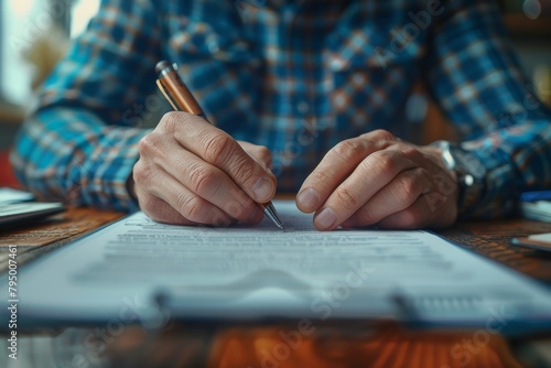 Close-up view of male hands writing with a fountain pen on official paperwork, focus on the details of hands and pen
