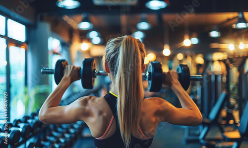 Female model, slim, athletic, lifting dumbbells in the gym. With a strong, agile posture.