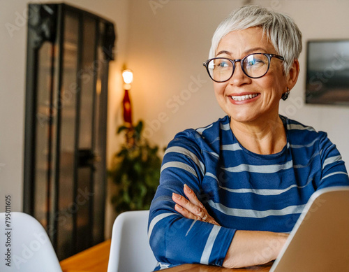 woman eyeglass with laptop portrait of a 50 year old senior grey hair smiling working in home