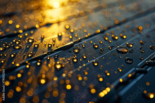 Dew on Solar Panel at Dawn Early morning dew on a solar panel, with a close-up on the water droplets and panel texturer
