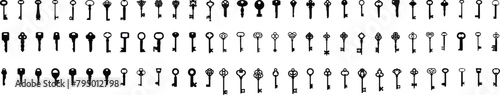 Keys set of black silhouette of door lock symbol. Victorian key collection vintage. Set Of Sketch Old Key. antique skeleton keys vector icons