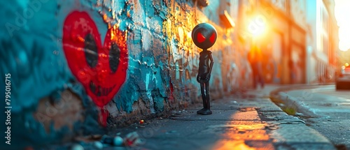 Alien street artist surprises passerby with spray can art creation. Concept Street Art, Alien Encounter, Spray Can Art, Passerby Reactions, Unexpected Creativity