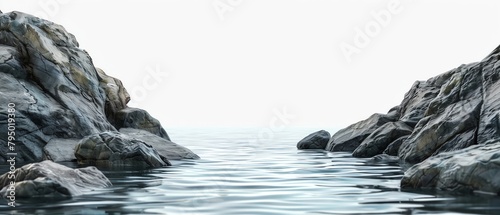 Realistic Image of a rocky shore seascape on a white background, Realistic.