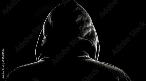 an unknown person in a black hood in the dark, Young man in black hooded sweatshirt invisible in the night darkness, dimly lit, concepts of danger, crime, generative ai